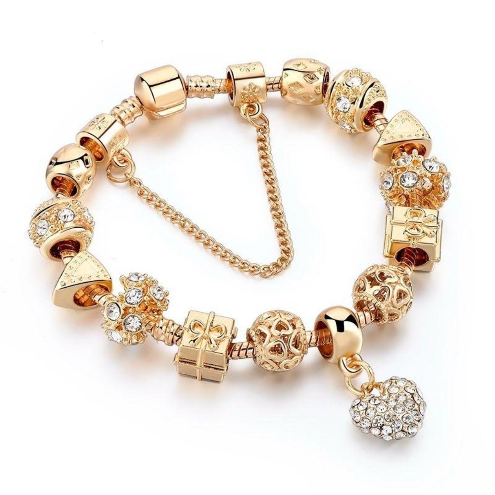 BRAND NEW 8" Gold Heart Charm Crystal Bracelets - Picture 1 of 8